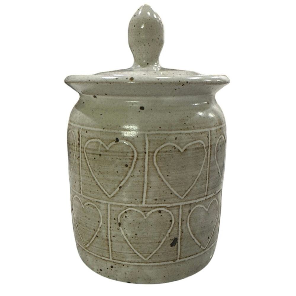Unique One of a Kind Handmade Speckled Stoneware Heart-Carved Canister